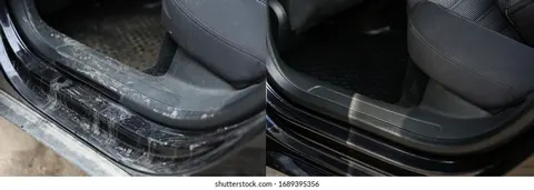 Interior vs. exterior detailing comparison showing car cabin and shiny paint finish