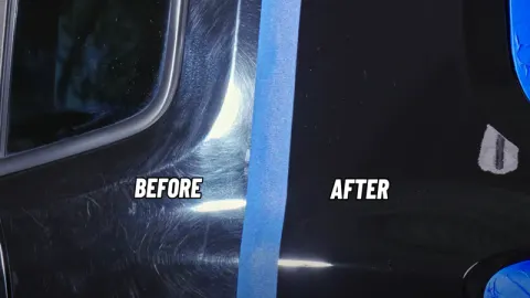 Car paint showing swirl marks on left and restored mirror finish on right after paint correction