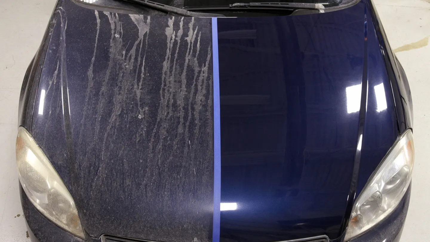 Car paint before and after exterior detailing with enhanced shine and clarity